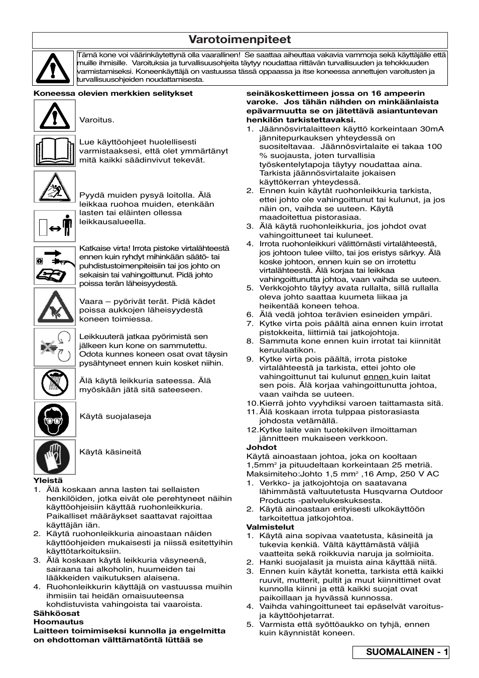 Varotoimenpiteet, Suomalainen - 1 | Flymo Pac a Shredder User Manual | Page 21 / 72