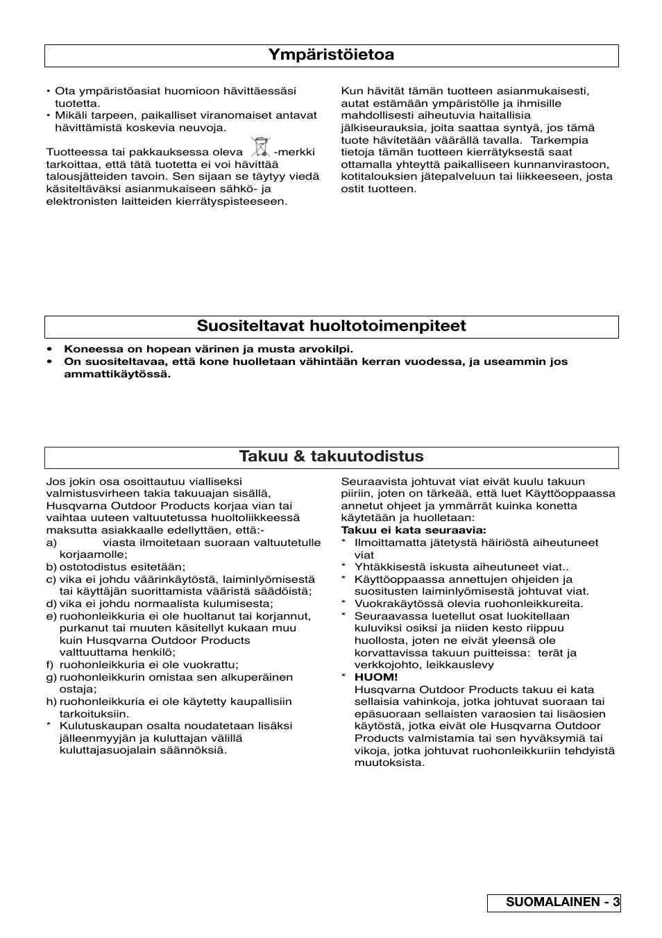Takuu & takuutodistus, Ympäristöietoa, Suositeltavat huoltotoimenpiteet | Flymo Pac a Shredder User Manual | Page 23 / 72