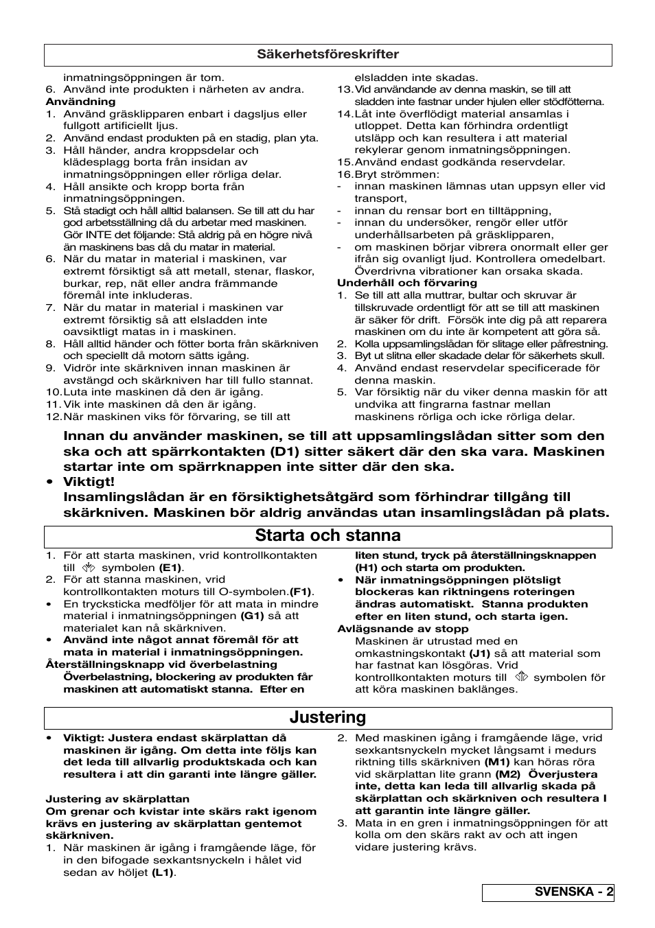 Starta och stanna, Justering | Flymo Pac a Shredder User Manual | Page 25 / 72