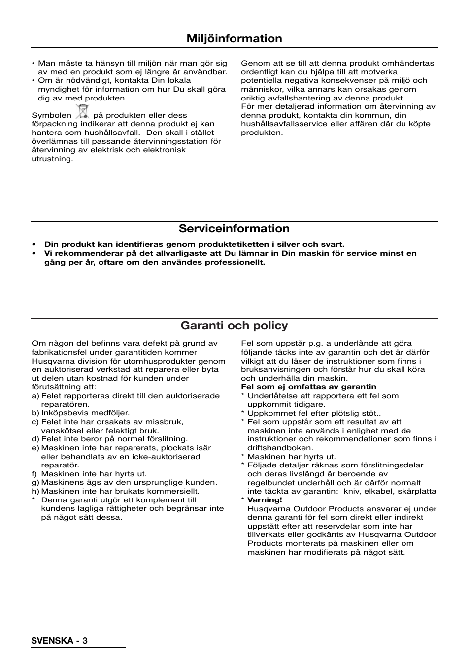 Garanti och policy, Miljöinformation, Serviceinformation | Flymo Pac a Shredder User Manual | Page 26 / 72