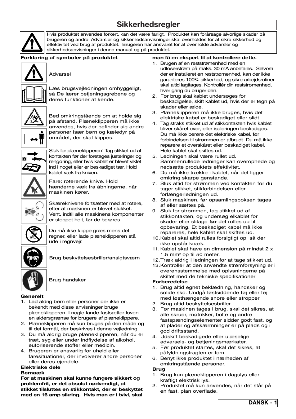 Sikkerhedsregler, Dansk - 1 | Flymo Pac a Shredder User Manual | Page 27 / 72