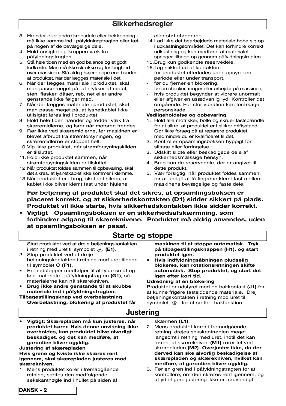 Sikkerhedsregler, Starte og stoppe, Justering | Flymo Pac a Shredder User Manual | Page 28 / 72