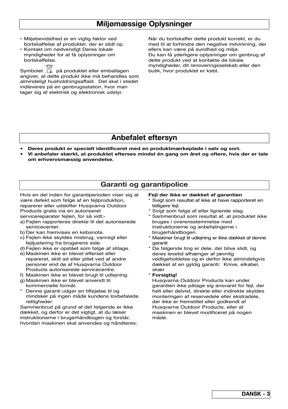 Miljømæssige oplysninger, Anbefalet eftersyn, Garanti og garantipolice | Flymo Pac a Shredder User Manual | Page 29 / 72