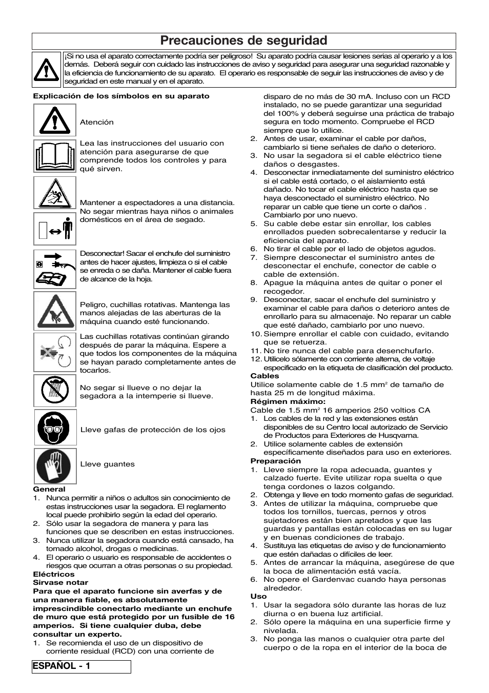Precauciones de seguridad, Español - 1 | Flymo Pac a Shredder User Manual | Page 30 / 72