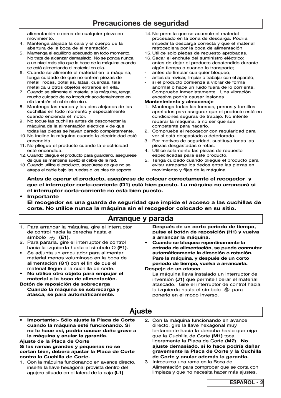 Precauciones de seguridad, Arranque y parada, Ajuste | Español - 2 | Flymo Pac a Shredder User Manual | Page 31 / 72