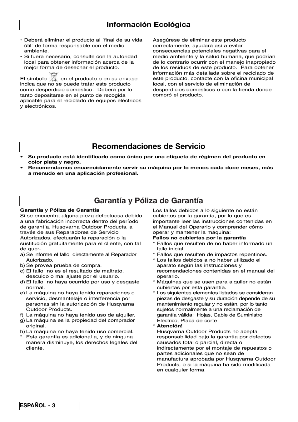 Garantía y póliza de garantía, Recomendaciones de servicio, Información ecológica | Flymo Pac a Shredder User Manual | Page 32 / 72