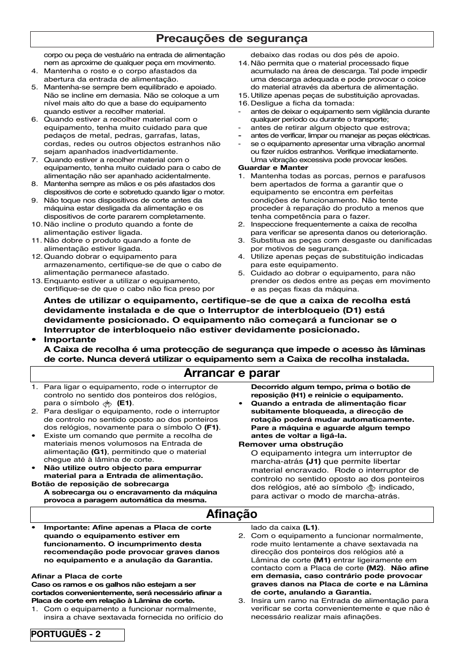 Arrancar e parar, Afinação, Precauções de segurança | Português - 2 | Flymo Pac a Shredder User Manual | Page 34 / 72