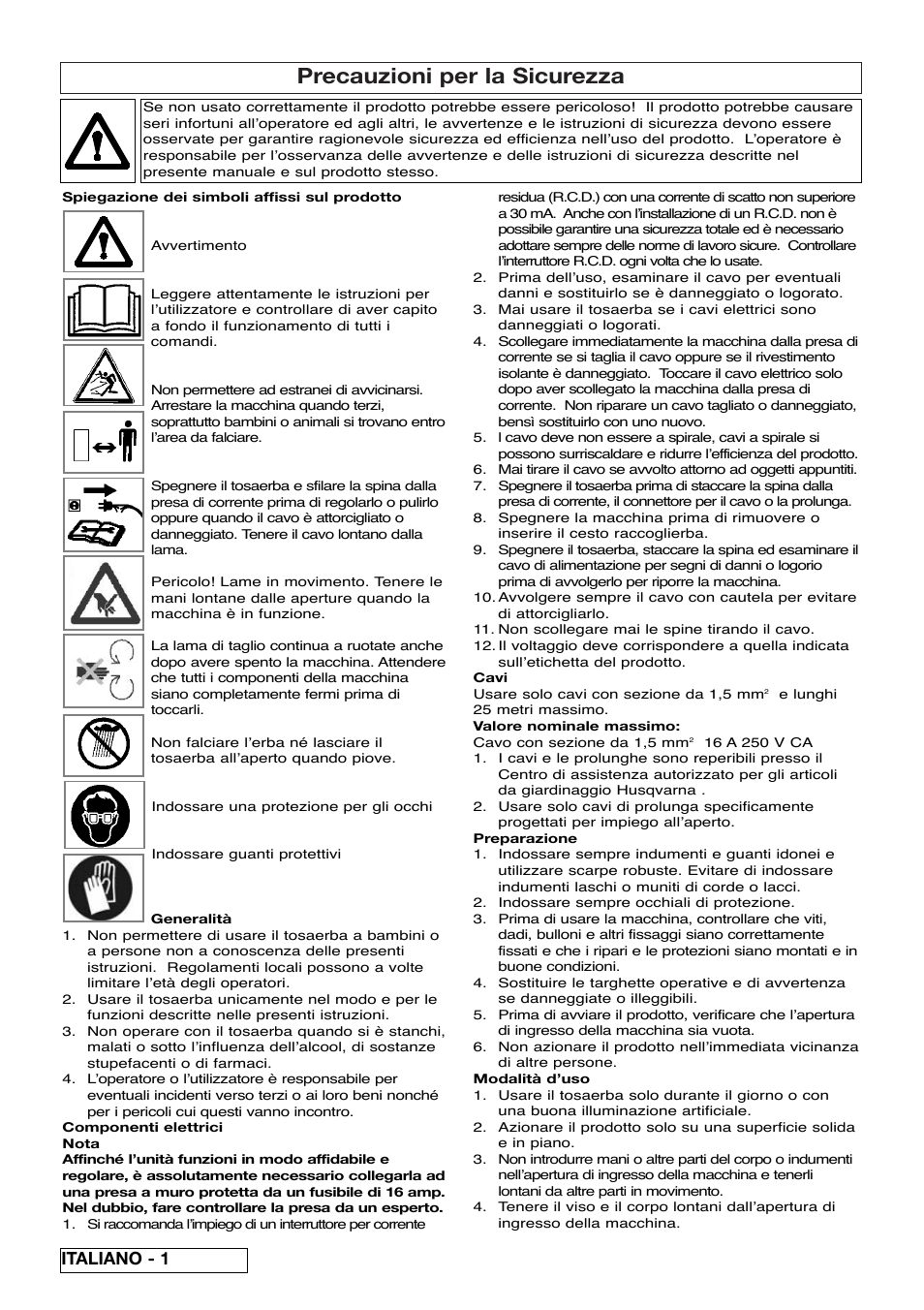 Precauzioni per la sicurezza, Italiano - 1 | Flymo Pac a Shredder User Manual | Page 36 / 72