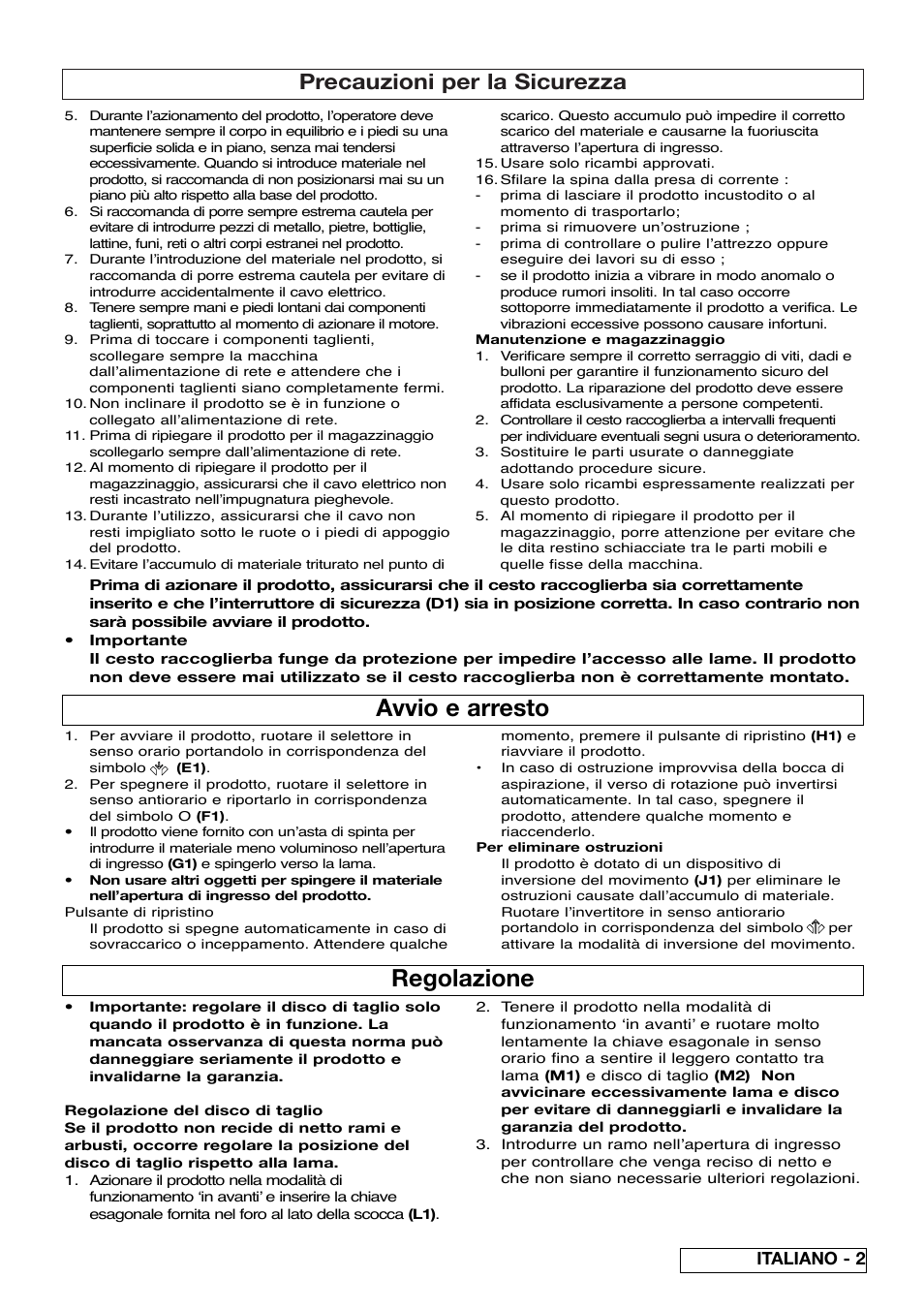 Avvio e arresto, Regolazione, Precauzioni per la sicurezza | Italiano - 2 | Flymo Pac a Shredder User Manual | Page 37 / 72