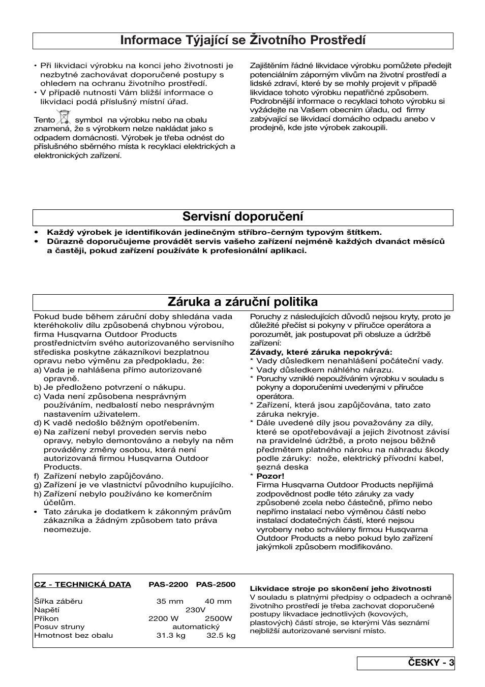 Informace týjající se životního prostředí, Záruka a záruční politika, Servisní doporučení | Česky - 3 | Flymo Pac a Shredder User Manual | Page 47 / 72