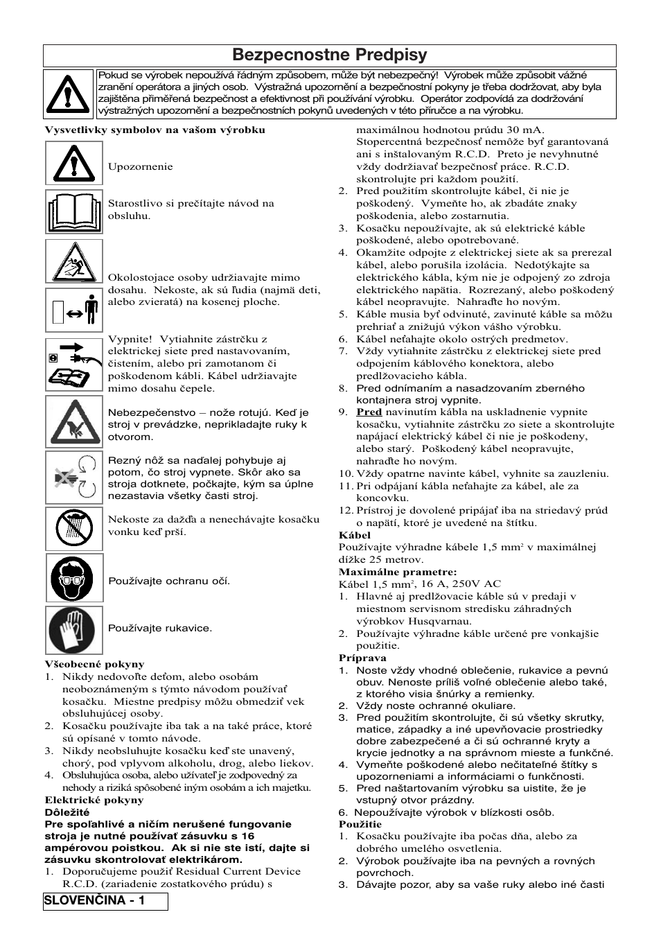 Bezpecnostne predpisy, Slovenčina - 1 | Flymo Pac a Shredder User Manual | Page 48 / 72