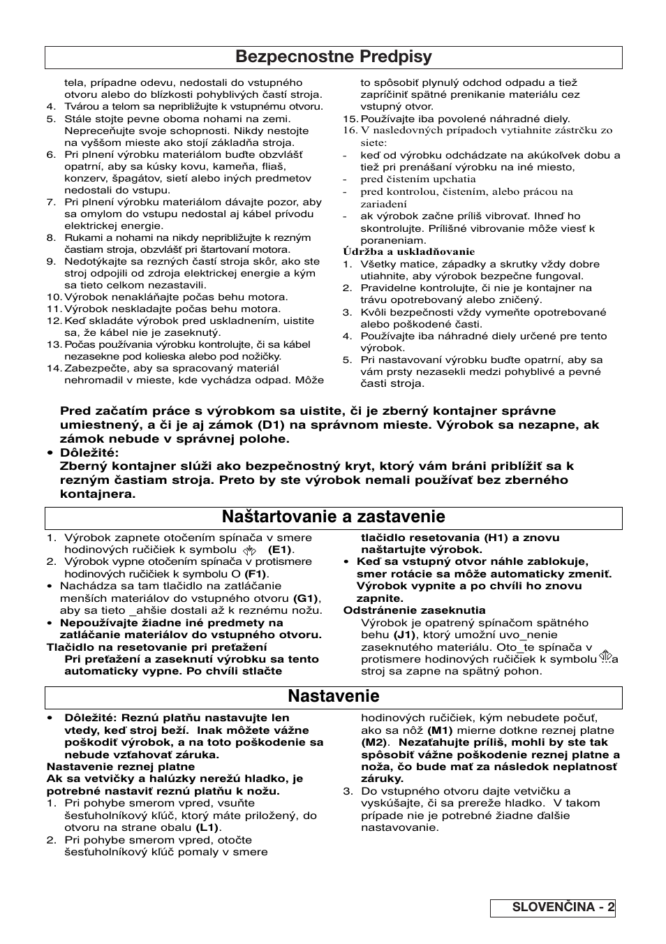 Bezpecnostne predpisy, Naštartovanie a zastavenie, Nastavenie | Slovenčina - 2 | Flymo Pac a Shredder User Manual | Page 49 / 72