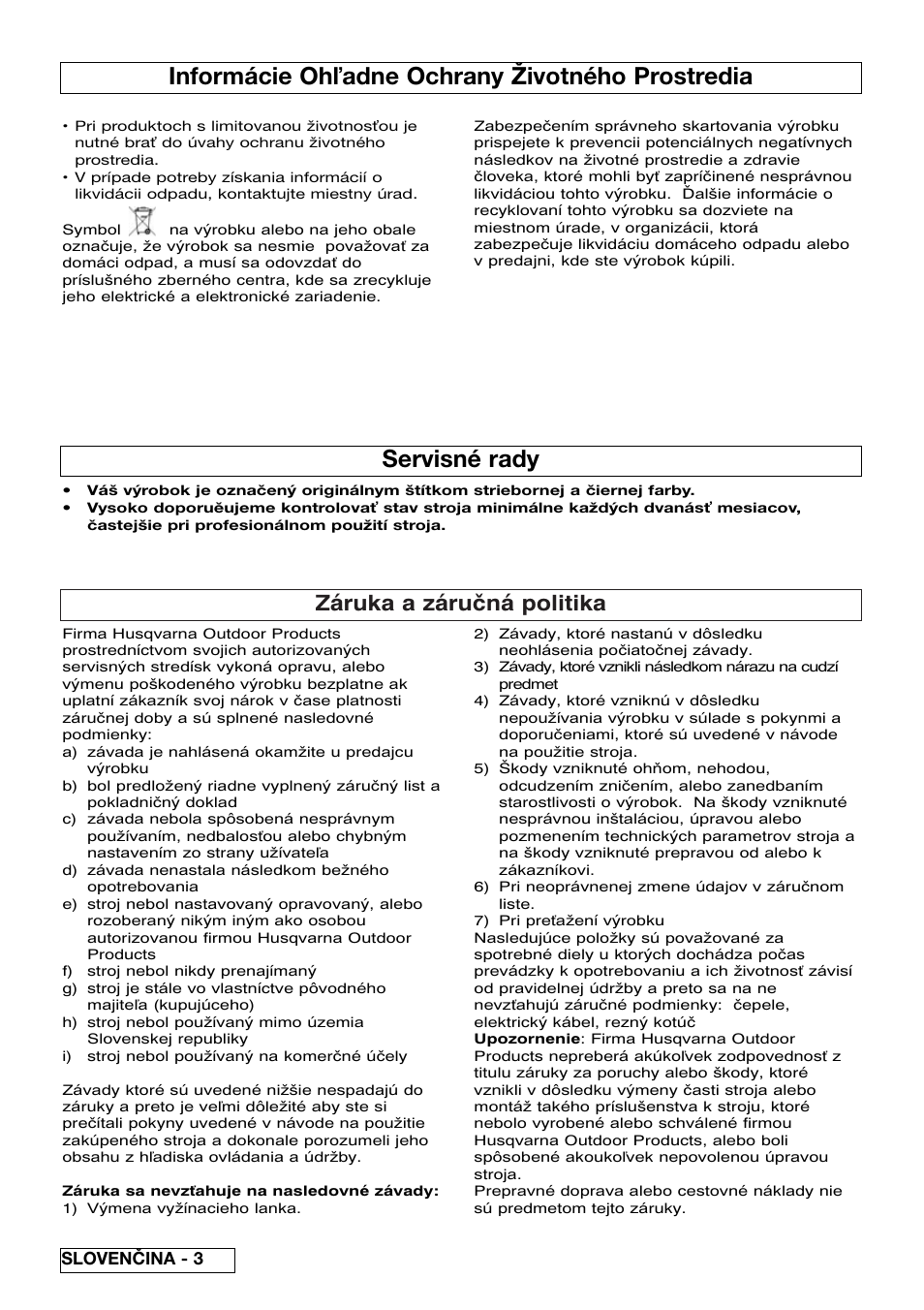 Informácie oh adne ochrany životného prostredia, Servisné rady, Záruka a záručná politika | Flymo Pac a Shredder User Manual | Page 50 / 72
