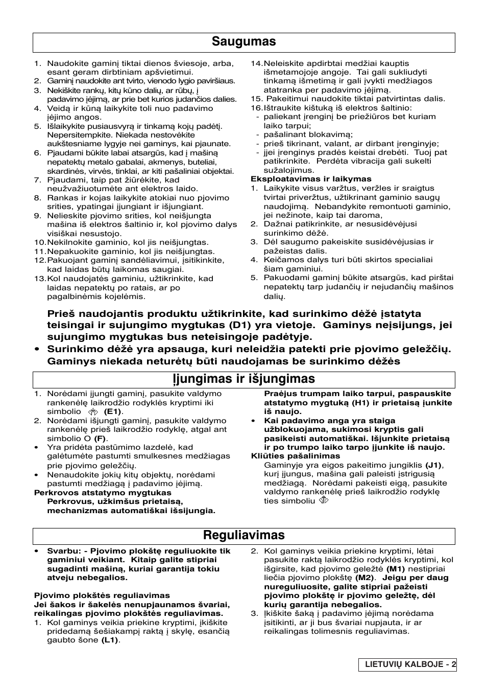 Saugumas, Jungimas ir išjungimas, Reguliavimas | Flymo Pac a Shredder User Manual | Page 55 / 72