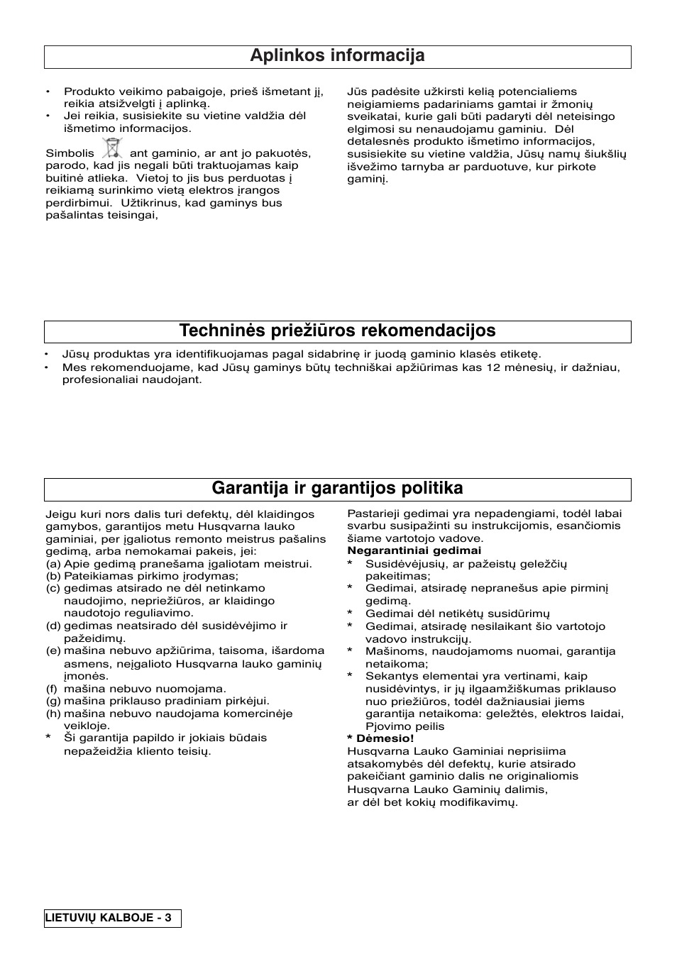 Aplinkos informacija, Garantija ir garantijos politika, Techninės priežiūros rekomendacijos | Flymo Pac a Shredder User Manual | Page 56 / 72