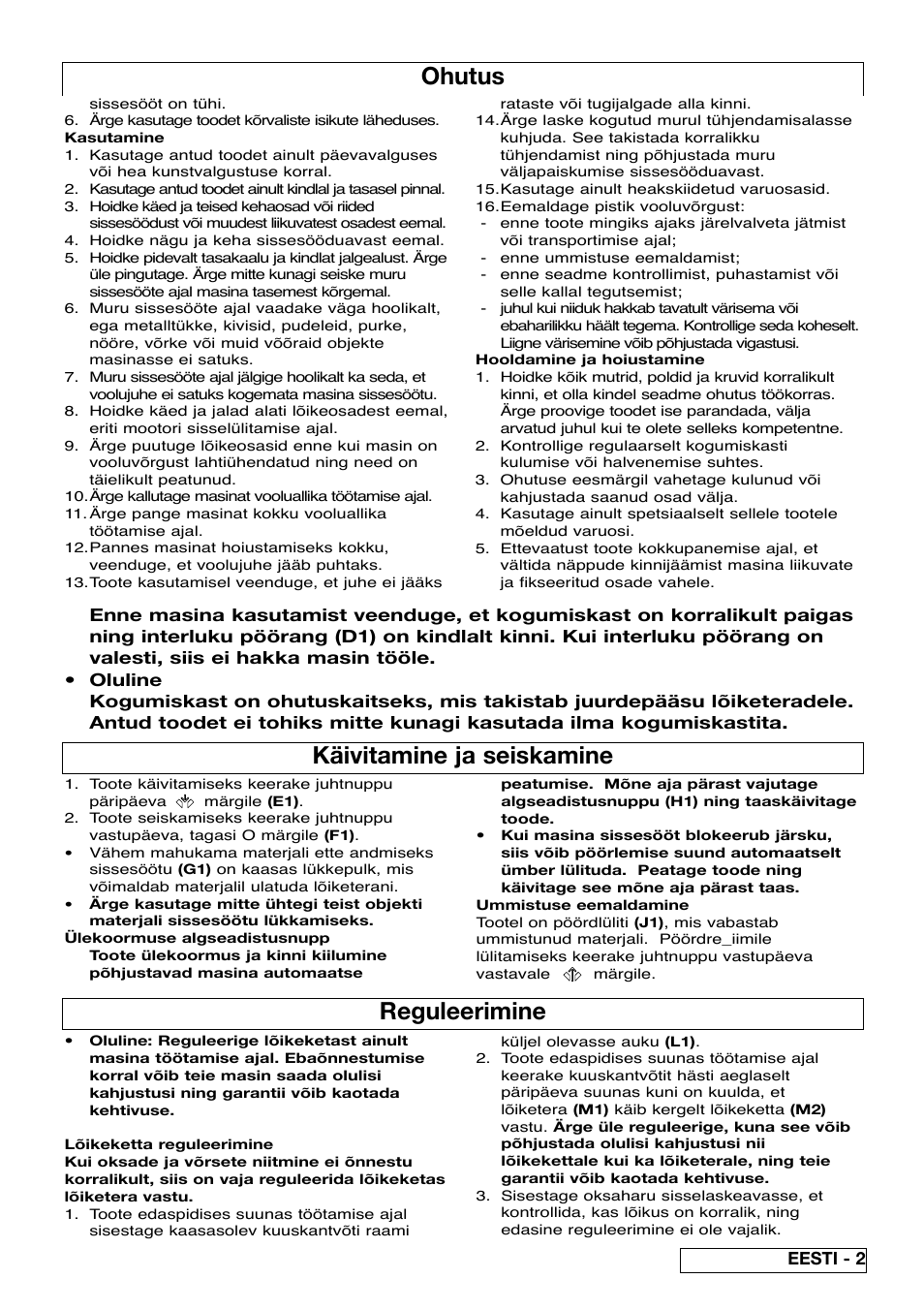 Ohutus, Käivitamine ja seiskamine, Reguleerimine | Flymo Pac a Shredder User Manual | Page 61 / 72