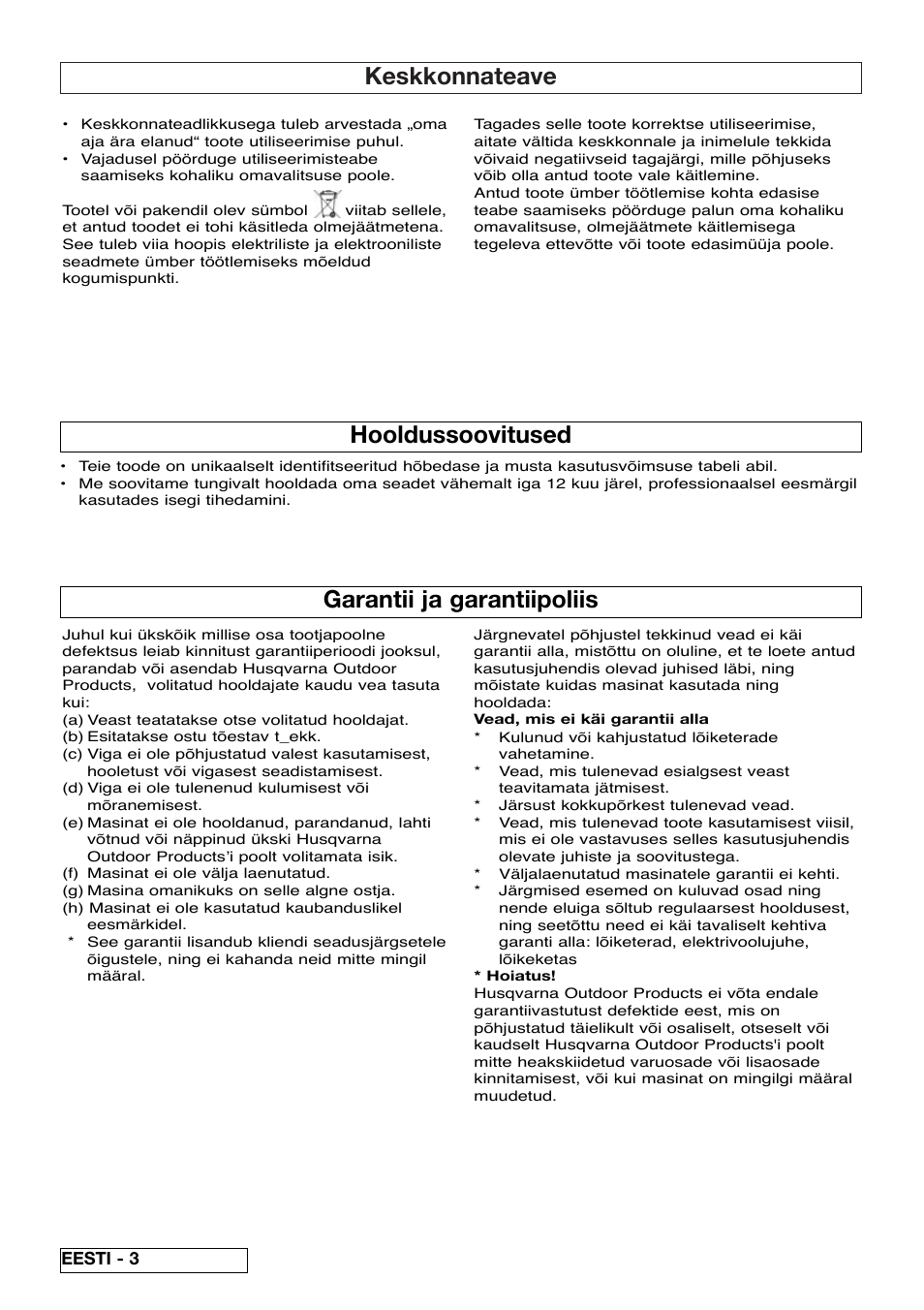 Keskkonnateave, Garantii ja garantiipoliis, Hooldussoovitused | Flymo Pac a Shredder User Manual | Page 62 / 72