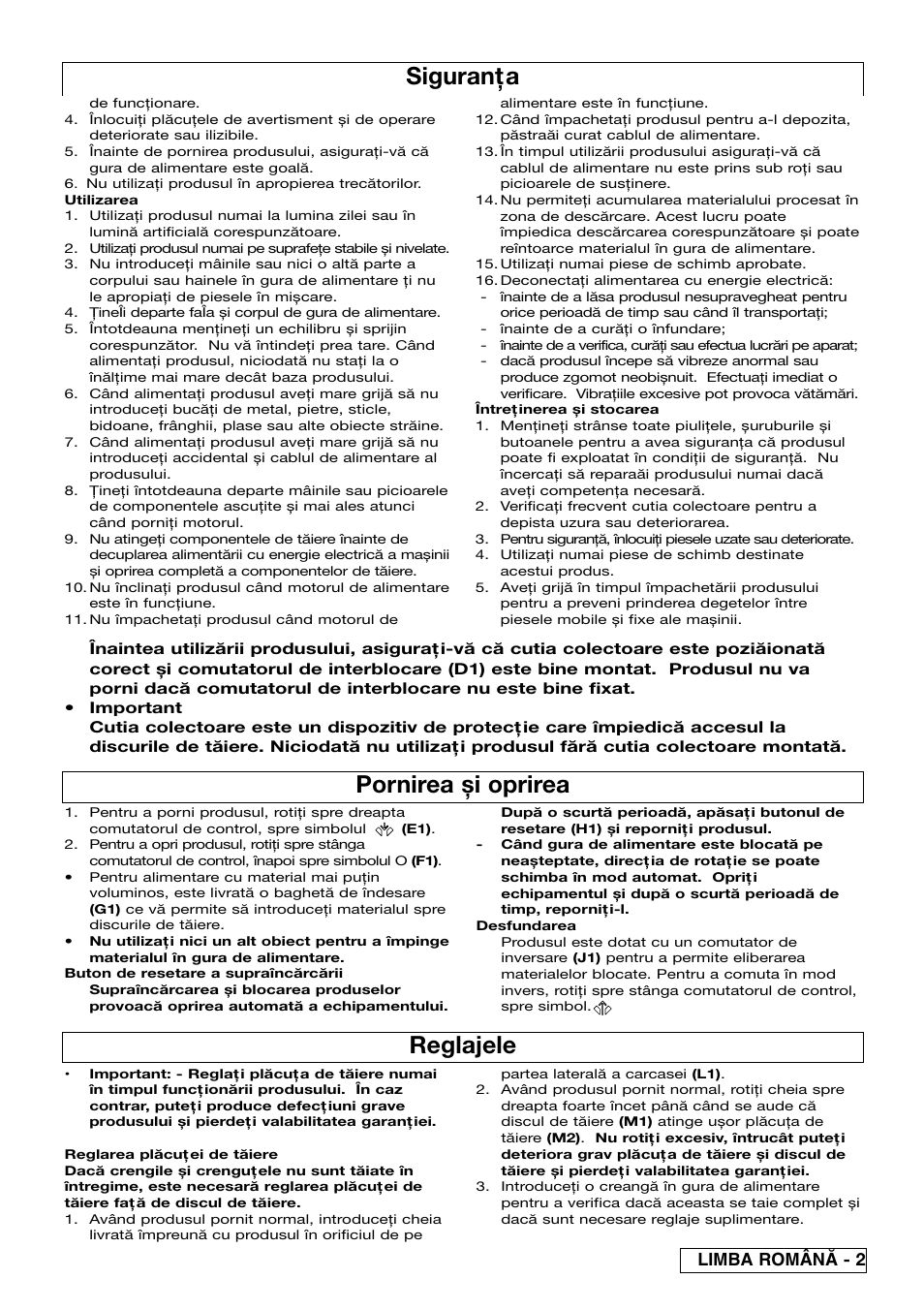 Siguranţa, Pornirea și oprirea, Reglajele | Limba român^ - 2 | Flymo Pac a Shredder User Manual | Page 67 / 72