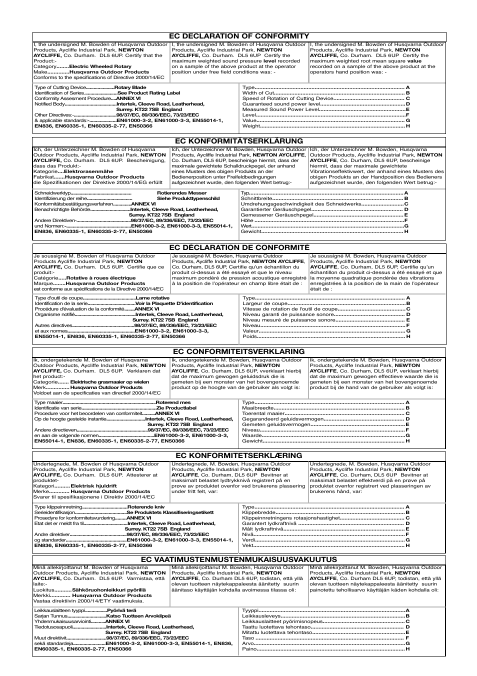 Ec declaration of conformity, Ec konformitätserklärung, Ec konformitetserklæring | Ec vaatimustenmustenmukaisuusvakuutus | Flymo Pac a Shredder User Manual | Page 69 / 72