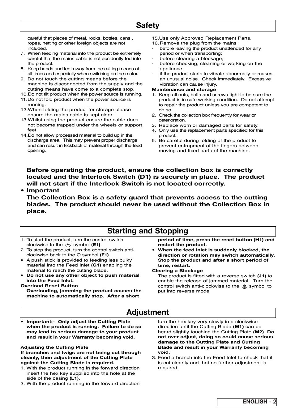Safety, Starting and stopping, Adjustment | English - 2 | Flymo Pac a Shredder User Manual | Page 7 / 72