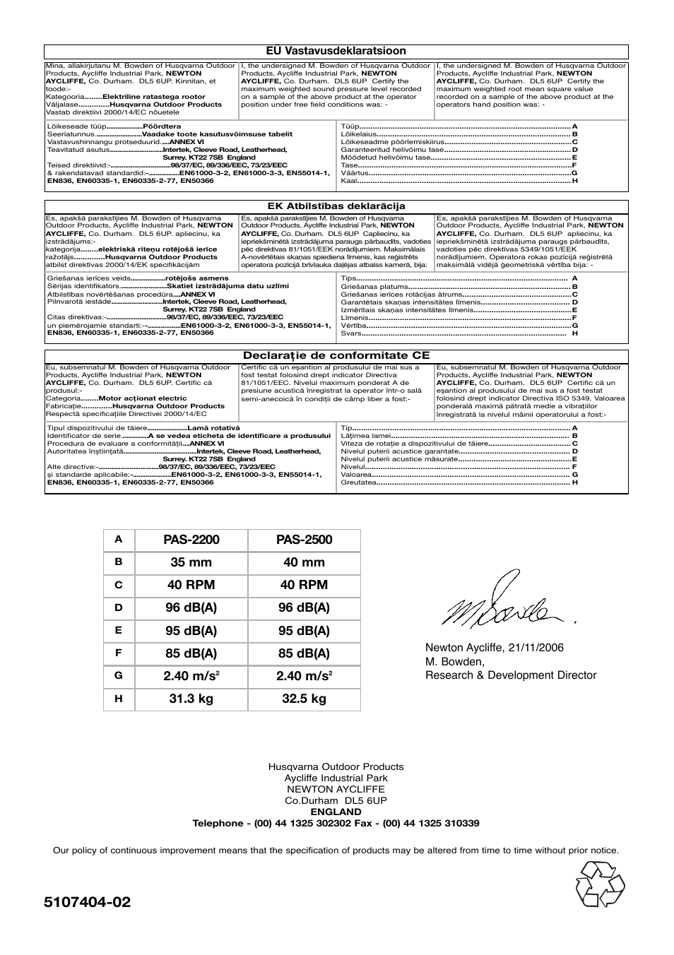 Pas-2200, 35 mm, 40 rpm | 96 db(a), 95 db(a), 85 db(a), 40 m/s, 3 kg, 5 kg | Flymo Pac a Shredder User Manual | Page 72 / 72