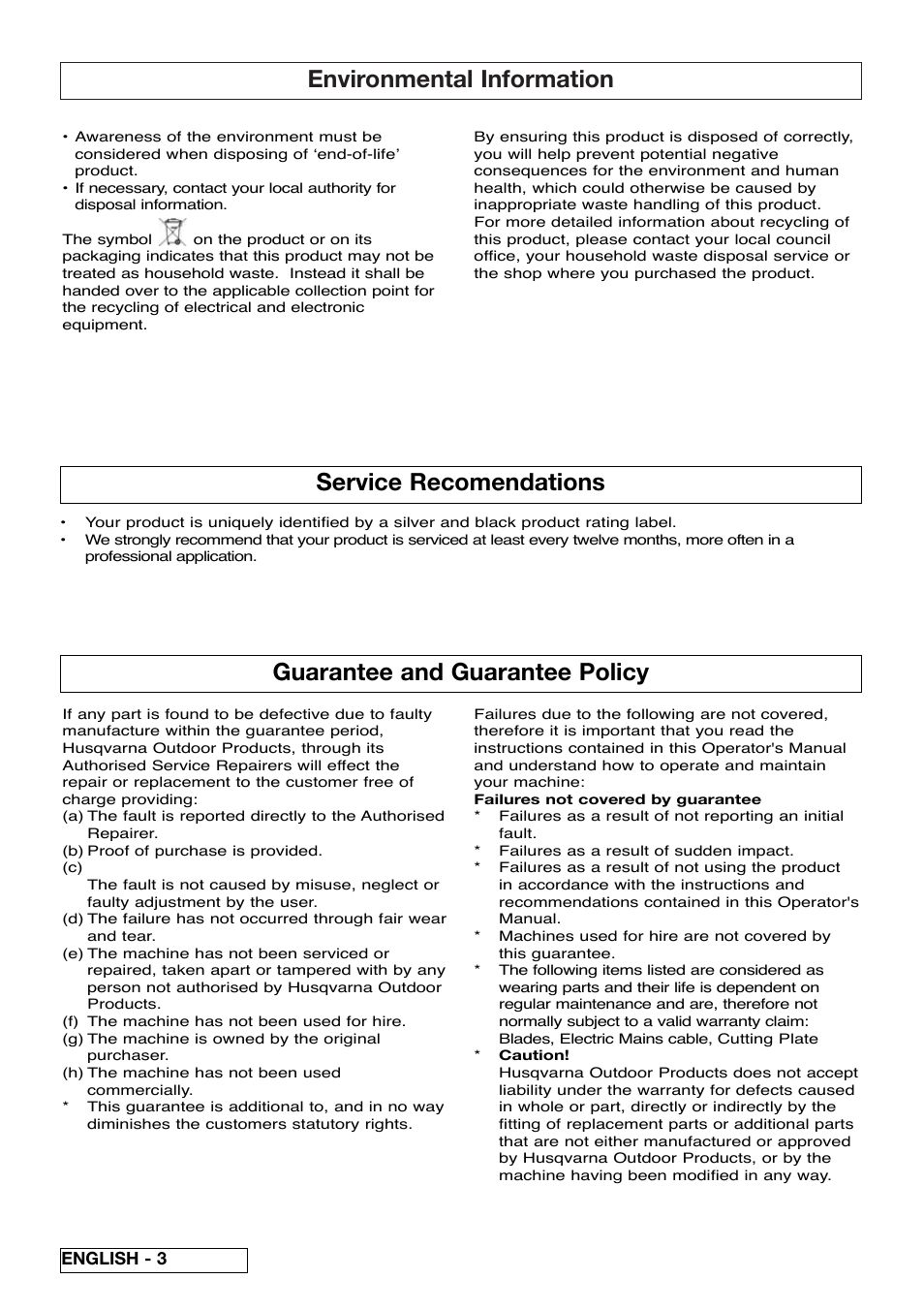 Environmental information, Guarantee and guarantee policy, Service recomendations | Flymo Pac a Shredder User Manual | Page 8 / 72