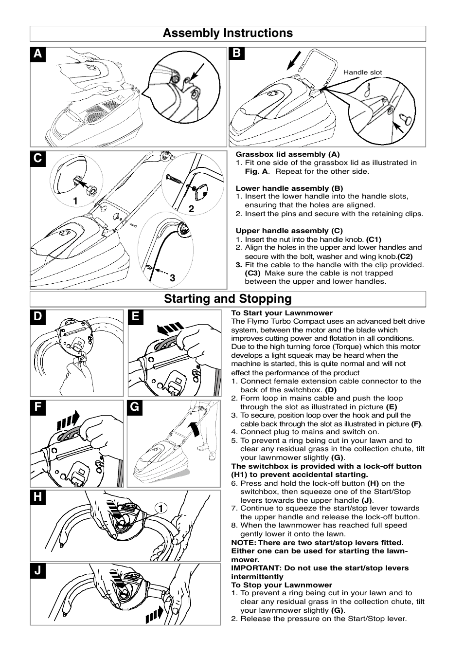 Assembly instructions, Starting and stopping, Cassembly instructions | Flymo Electrolux Turbo Compact User Manual | Page 4 / 8