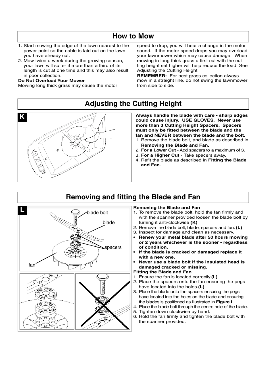 How to mow, Adjusting the cutting height, Removing and fitting the blade and fan | Flymo Electrolux Turbo Compact User Manual | Page 5 / 8