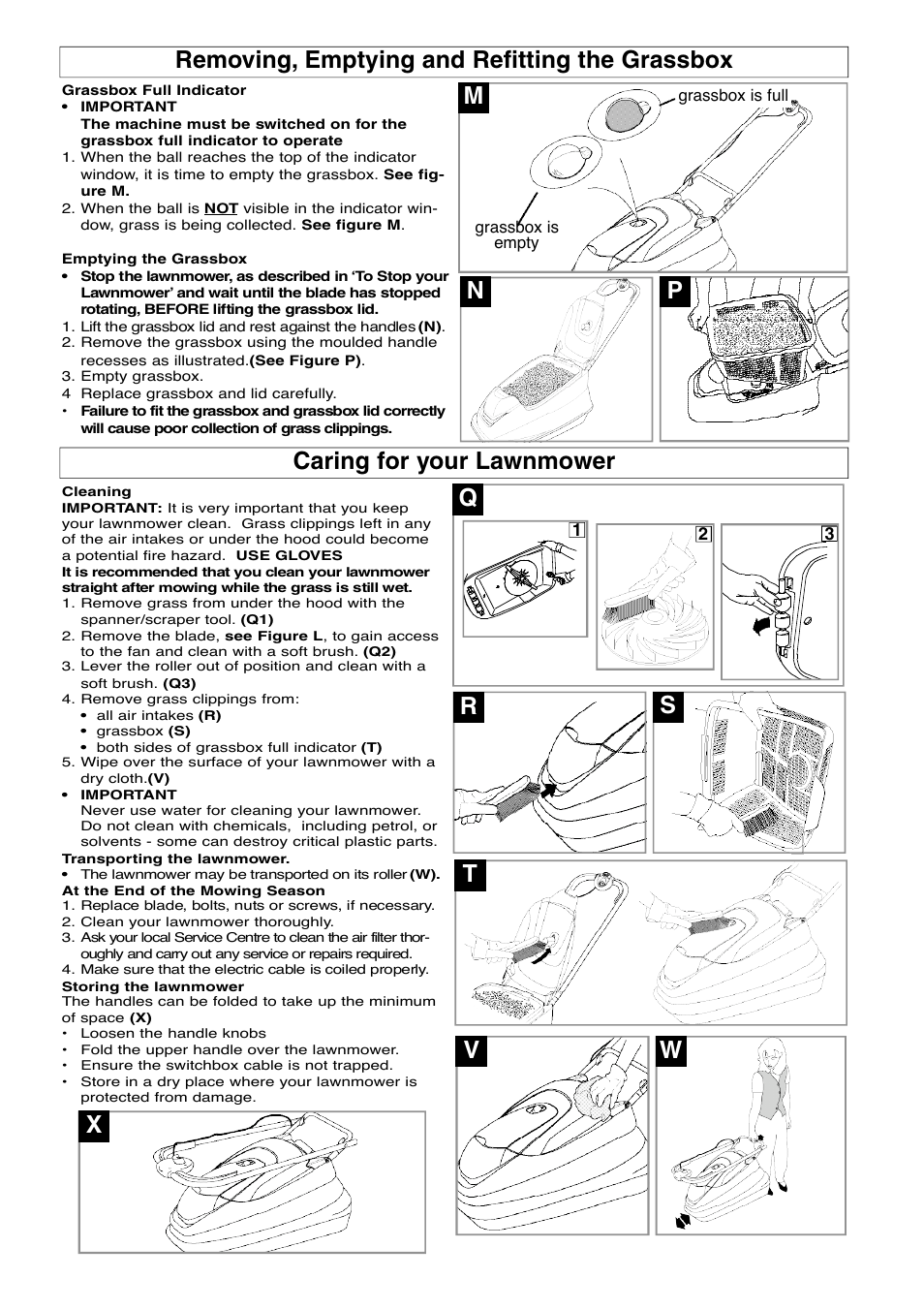 Removing, emptying and refitting the grassbox, Caring for your lawnmower, Mn p | Flymo Electrolux Turbo Compact User Manual | Page 6 / 8