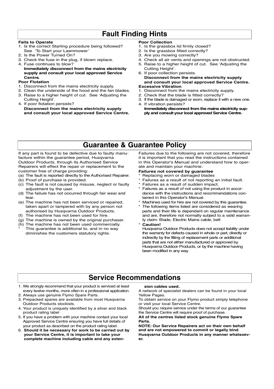 Fault finding hints, Guarantee & guarantee policy, Service recommendations | Flymo Electrolux Turbo Compact User Manual | Page 7 / 8
