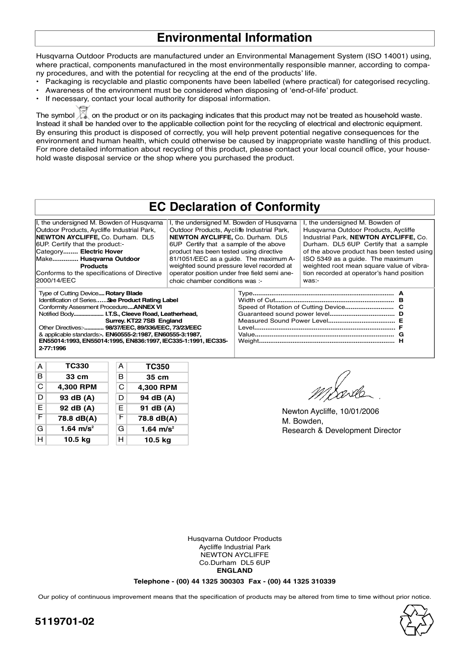 Environmental information, Ec declaration of conformity | Flymo Electrolux Turbo Compact User Manual | Page 8 / 8
