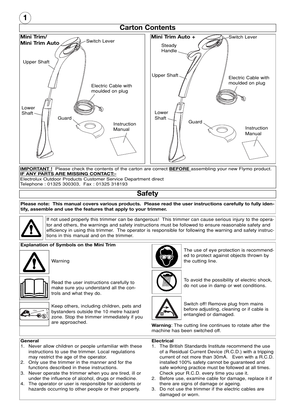 Carton contents, Safety | Flymo Electrolux Mini Trim User Manual | Page 2 / 8