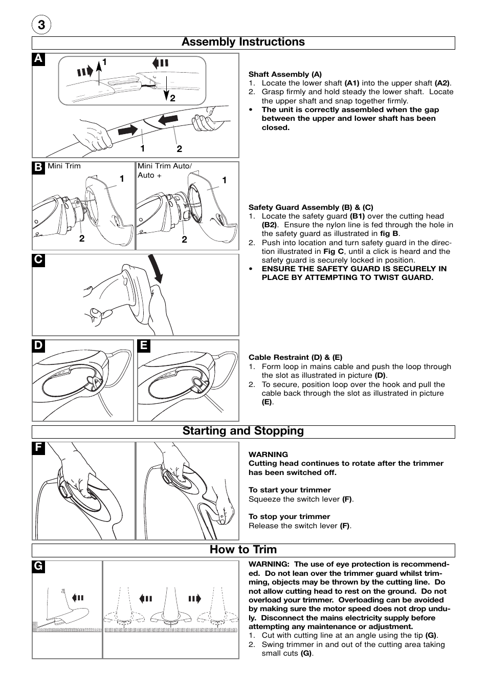 Assembly instructions, Starting and stopping, How to trim | De f | Flymo Electrolux Mini Trim User Manual | Page 4 / 8