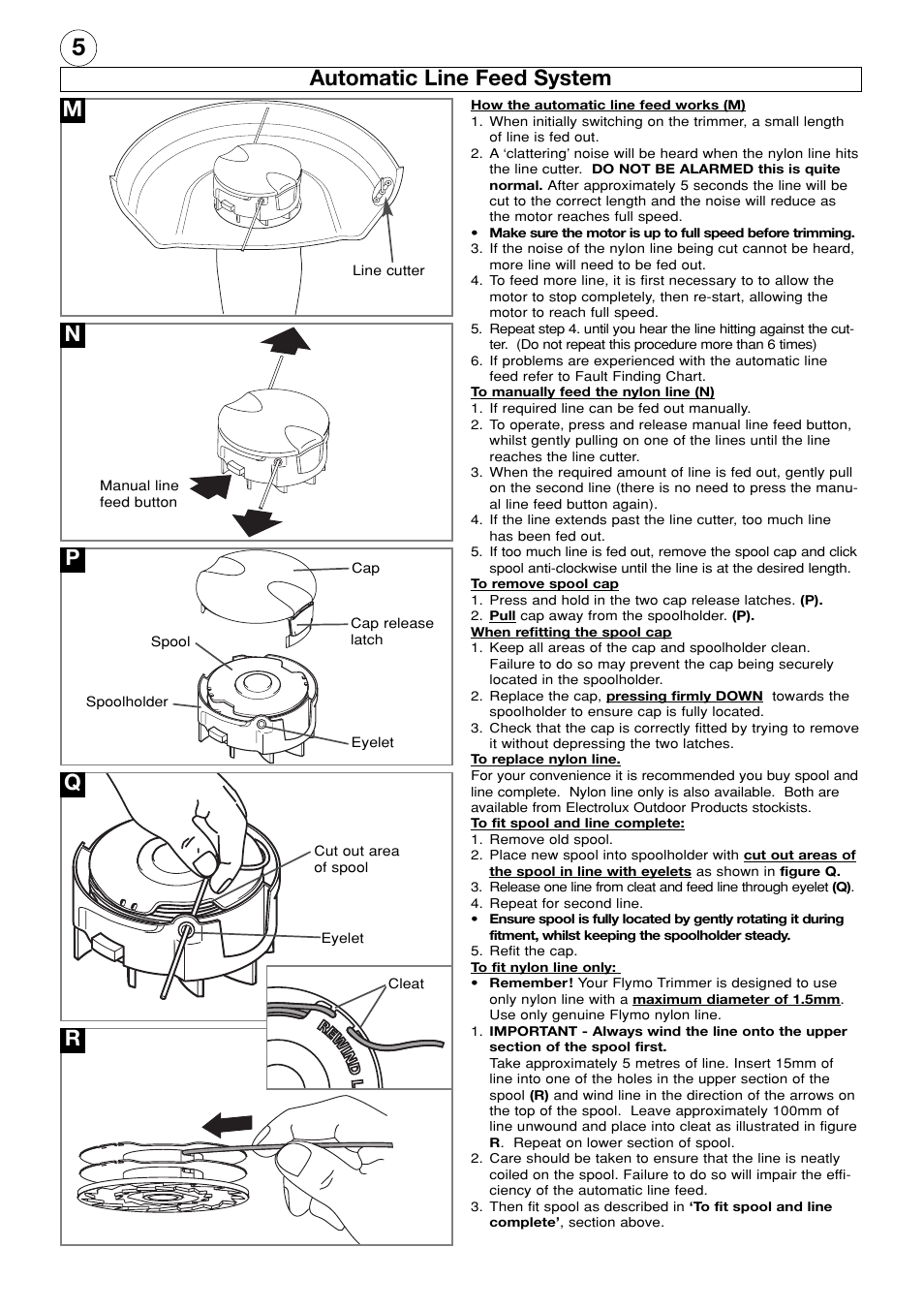Automatic line feed system, Mn p q r | Flymo Electrolux Mini Trim User Manual | Page 6 / 8