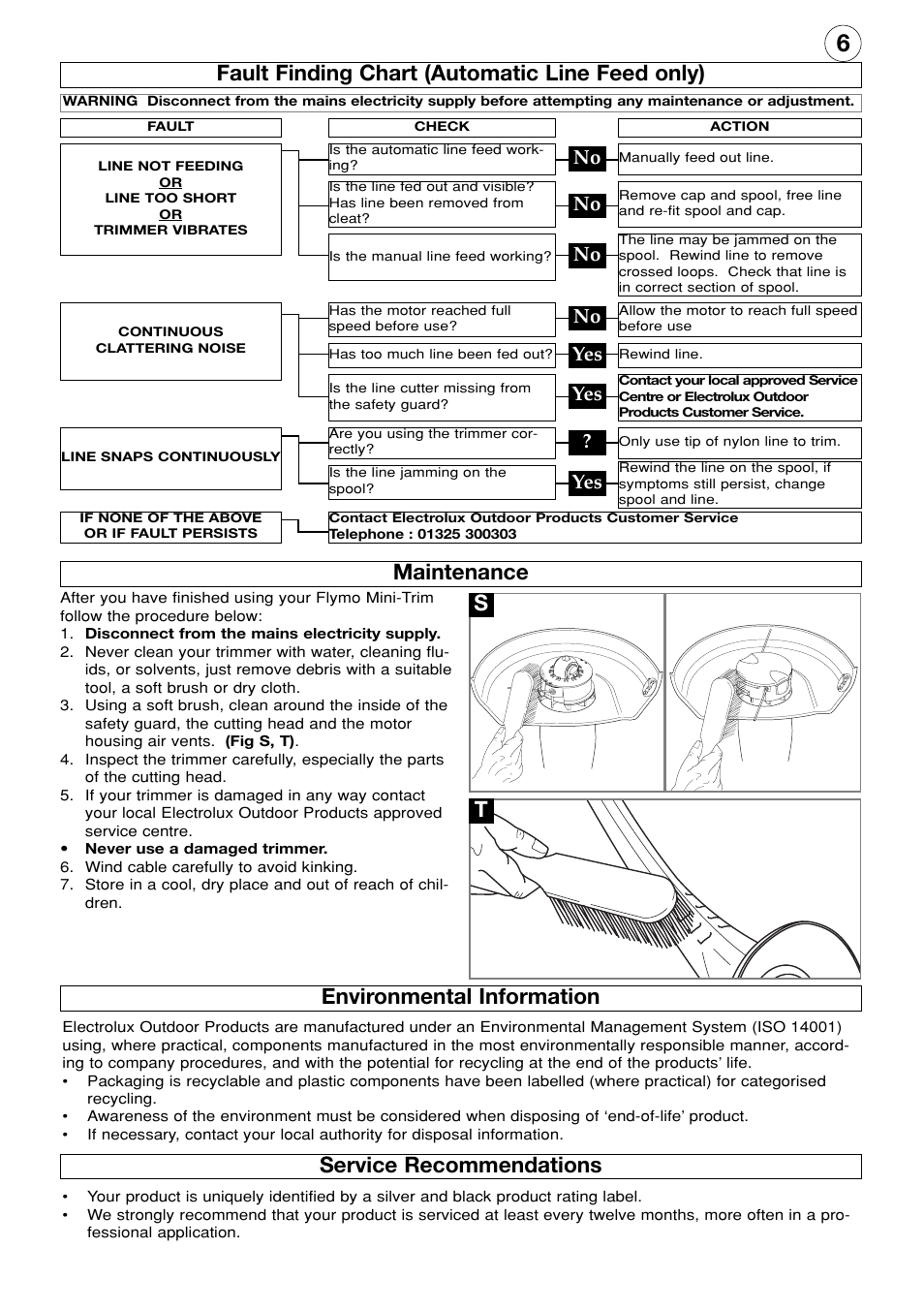 Fault finding chart (automatic line feed only), Maintenance, Environmental information | Service recommendations, Maintenance environmental information, No yes yes | Flymo Electrolux Mini Trim User Manual | Page 7 / 8