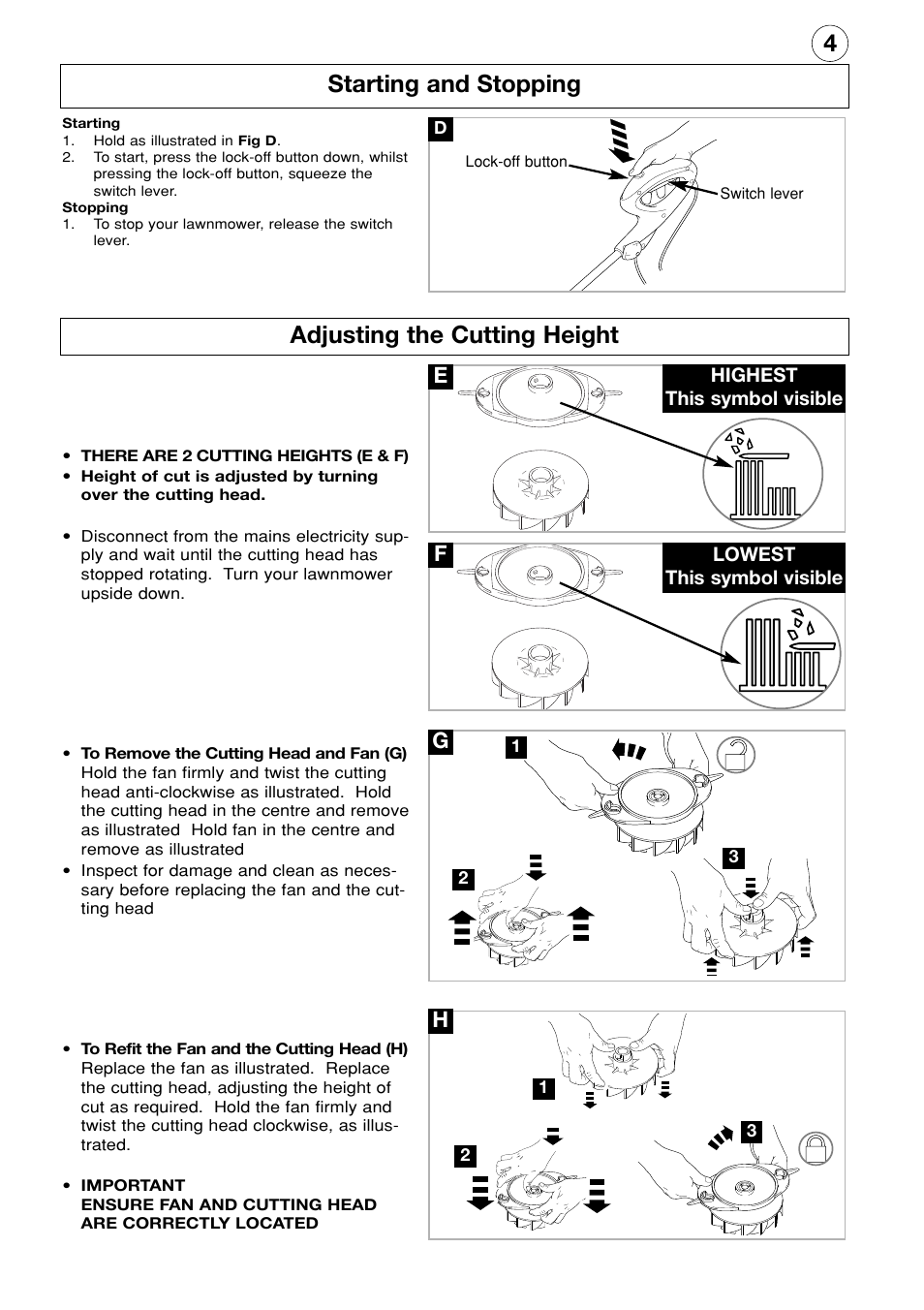 Starting and stopping, Adjusting the cutting height, 4starting and stopping | Flymo Minimo Electric Lawn Trimmer User Manual | Page 5 / 8