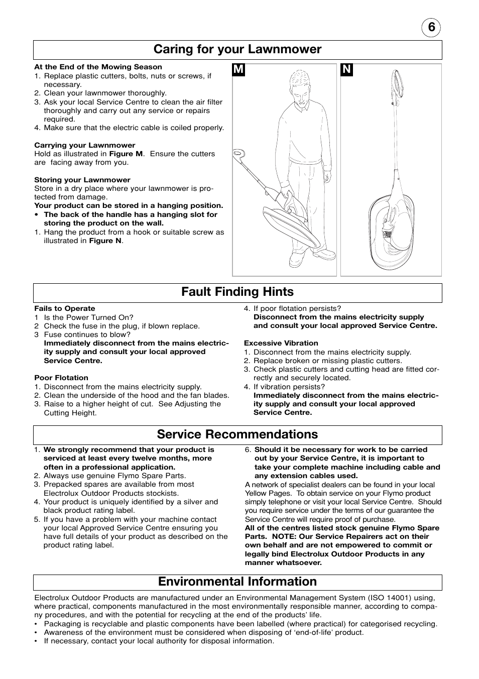 Caring for your lawnmower, Fault finding hints, Service recommendations | Environmental information, 6fault finding hints, Service recommendations caring for your lawnmower | Flymo Minimo Electric Lawn Trimmer User Manual | Page 7 / 8