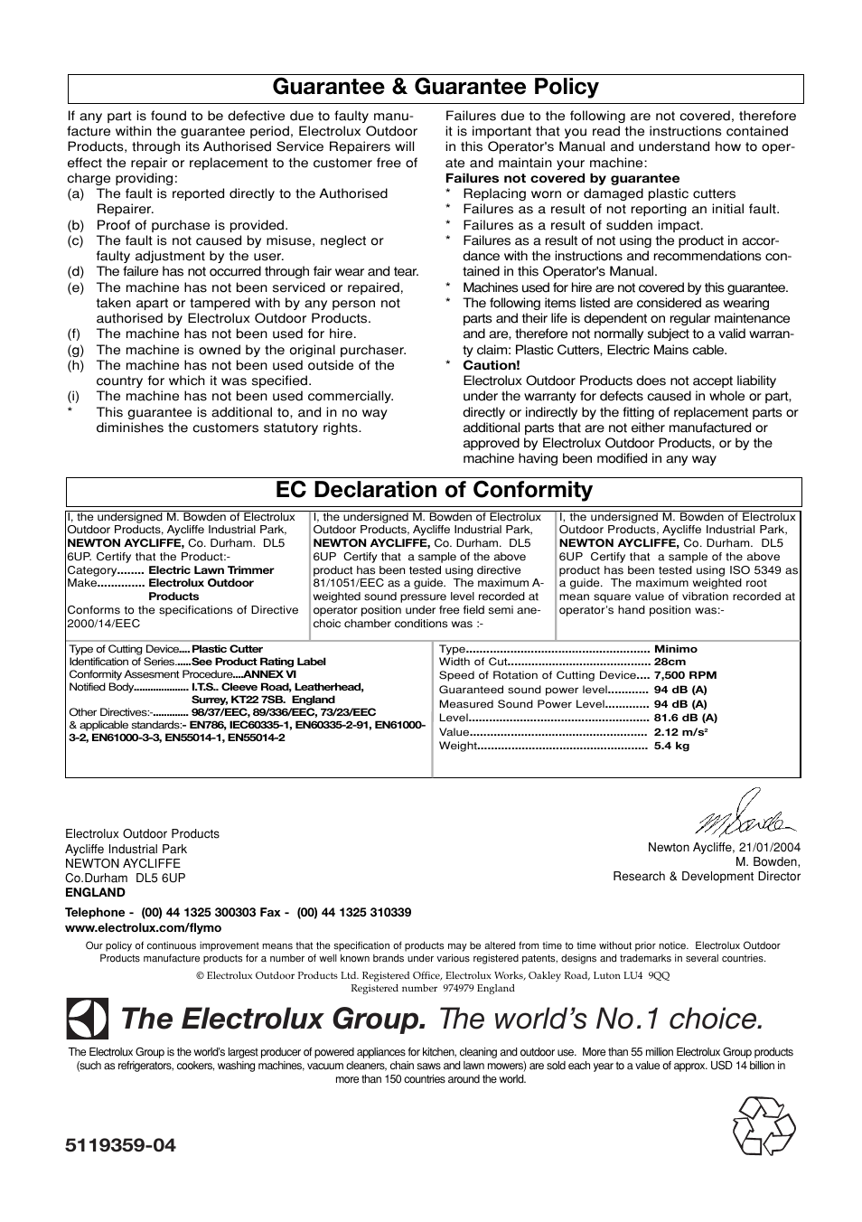 Guarantee & guarantee policy, Ec declaration of conformity, The electrolux group. the world’s no.1 choice | Flymo Minimo Electric Lawn Trimmer User Manual | Page 8 / 8