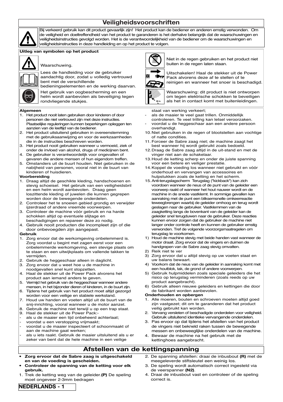 Veiligheidsvoorschriften, Afstellen van de kettingspanning, Nederlands - 1 | Flymo Sabre Saw User Manual | Page 10 / 40
