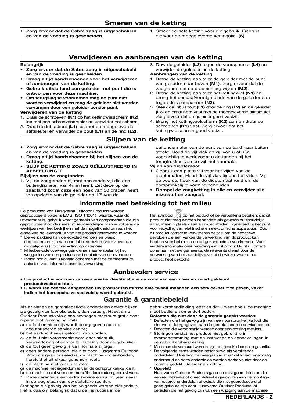 Garantie & garantiebeleid, Informatie met betrekking tot het milieu, Aanbevolen service | Smeren van de ketting, Slijpen van de ketting, Verwijderen en aanbrengen van de ketting, Nederlands - 2 | Flymo Sabre Saw User Manual | Page 11 / 40