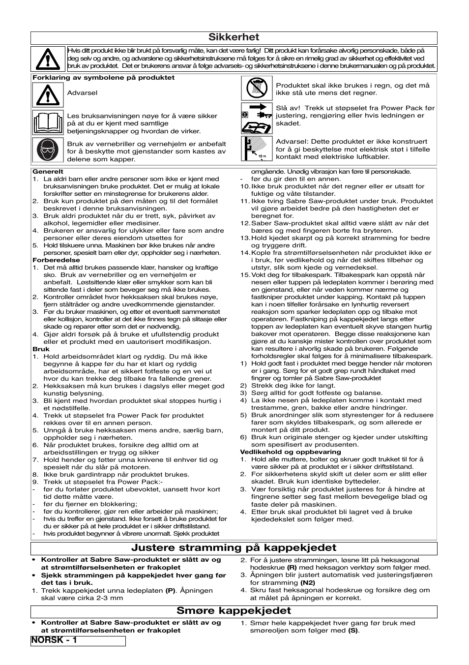 Sikkerhet, Justere stramming på kappekjedet, Smøre kappekjedet | Norsk - 1 | Flymo Sabre Saw User Manual | Page 12 / 40