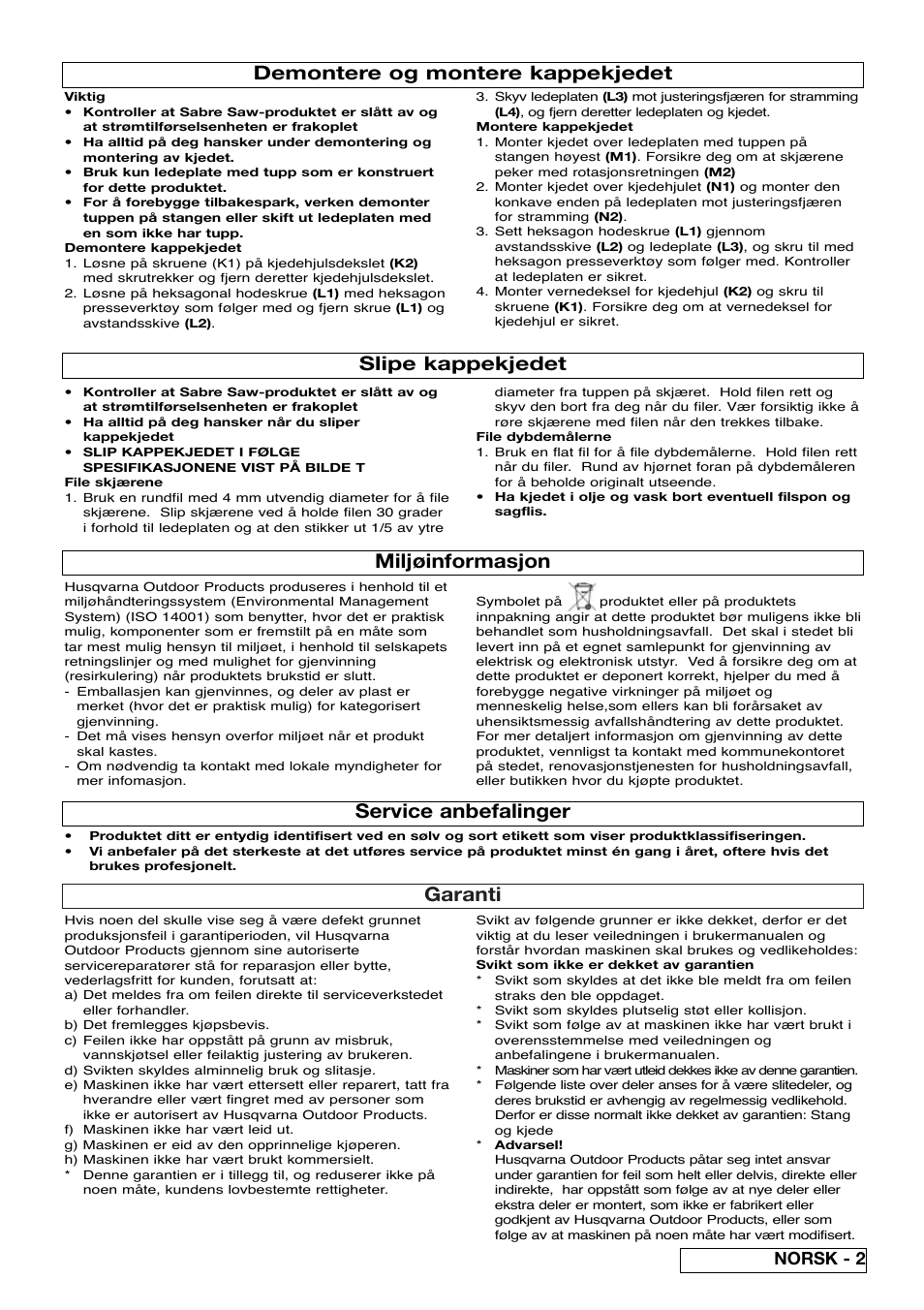 Garanti, Miljøinformasjon, Service anbefalinger | Slipe kappekjedet, Demontere og montere kappekjedet, Norsk - 2 | Flymo Sabre Saw User Manual | Page 13 / 40