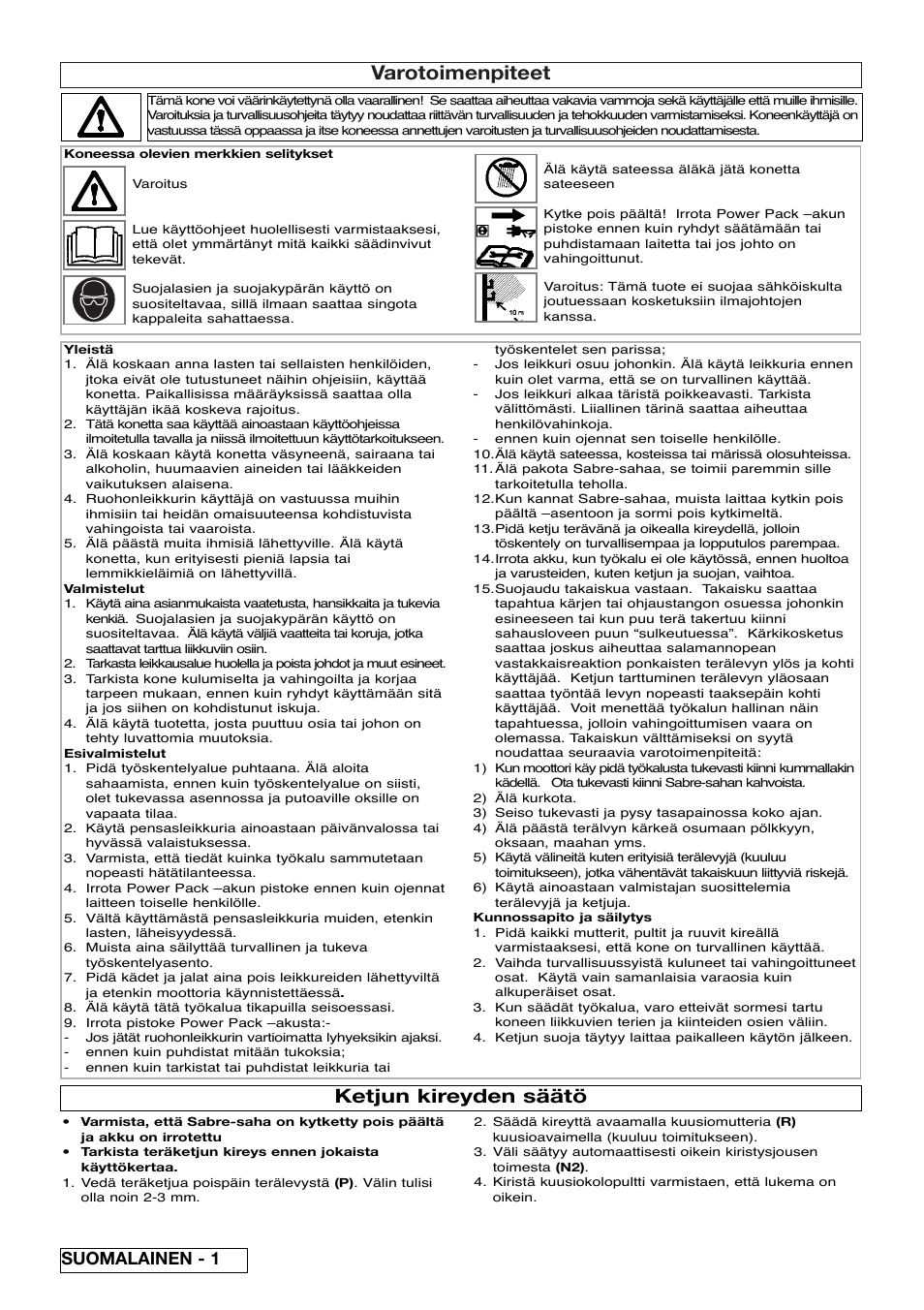 Varotoimenpiteet, Ketjun kireyden säätö, Suomalainen - 1 | Flymo Sabre Saw User Manual | Page 14 / 40