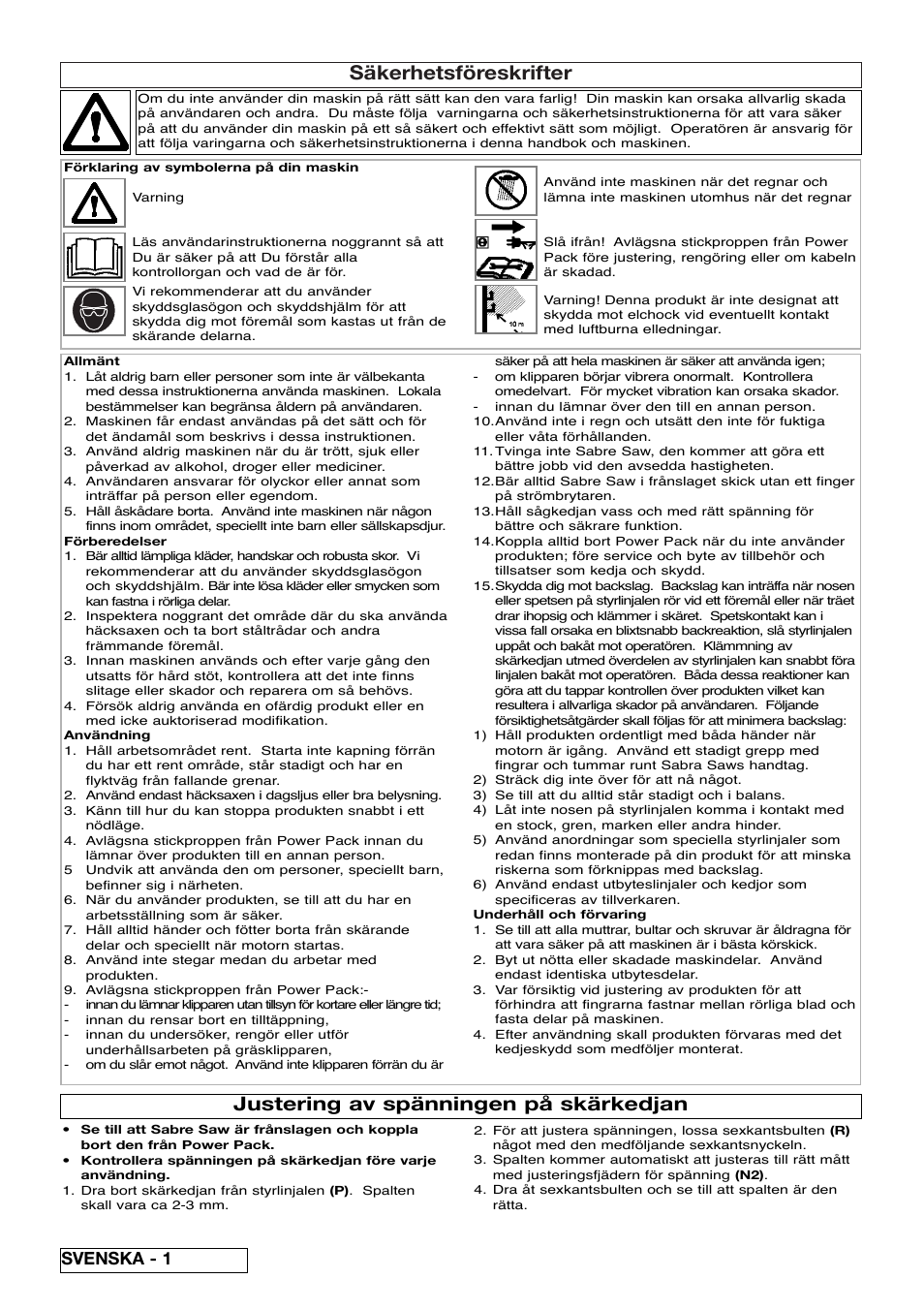 Säkerhetsföreskrifter, Justering av spänningen på skärkedjan, Svenska - 1 | Flymo Sabre Saw User Manual | Page 16 / 40