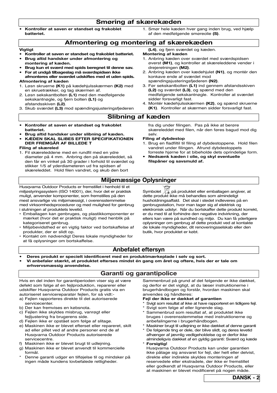 Garanti og garantipolice, Miljømæssige oplysninger, Anbefalet eftersyn | Smøring af skærekæden, Slibning af kæden, Afmontering og montering af skærekæden, Dansk - 2 | Flymo Sabre Saw User Manual | Page 19 / 40