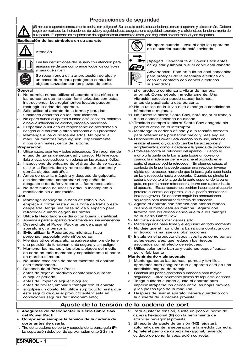 Precauciones de seguridad, Ajuste de la tensión de la cadena de cort, Español - 1 | Flymo Sabre Saw User Manual | Page 20 / 40