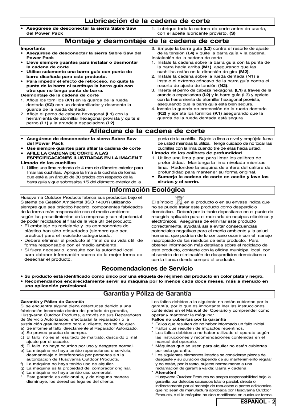 Garantía y póliza de garantía, Información ecológica, Recomendaciones de servicio | Lubricación de la cadena de corte, Afiladura de la cadena de corte, Montaje y desmontaje de la cadena de corte, Español - 2 | Flymo Sabre Saw User Manual | Page 21 / 40