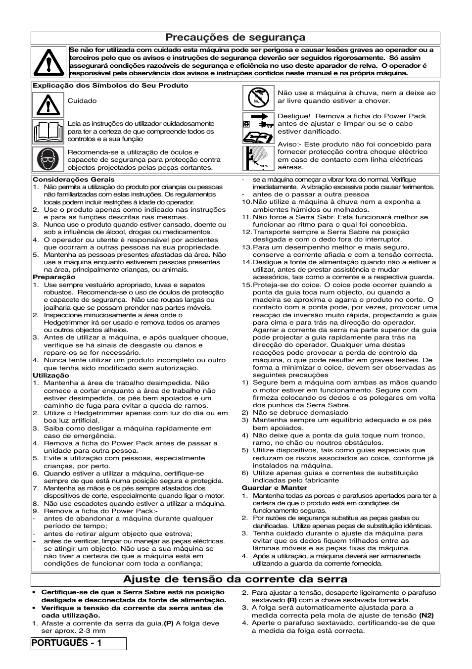Precauções de segurança, Ajuste de tensão da corrente da serra, Português - 1 | Flymo Sabre Saw User Manual | Page 22 / 40