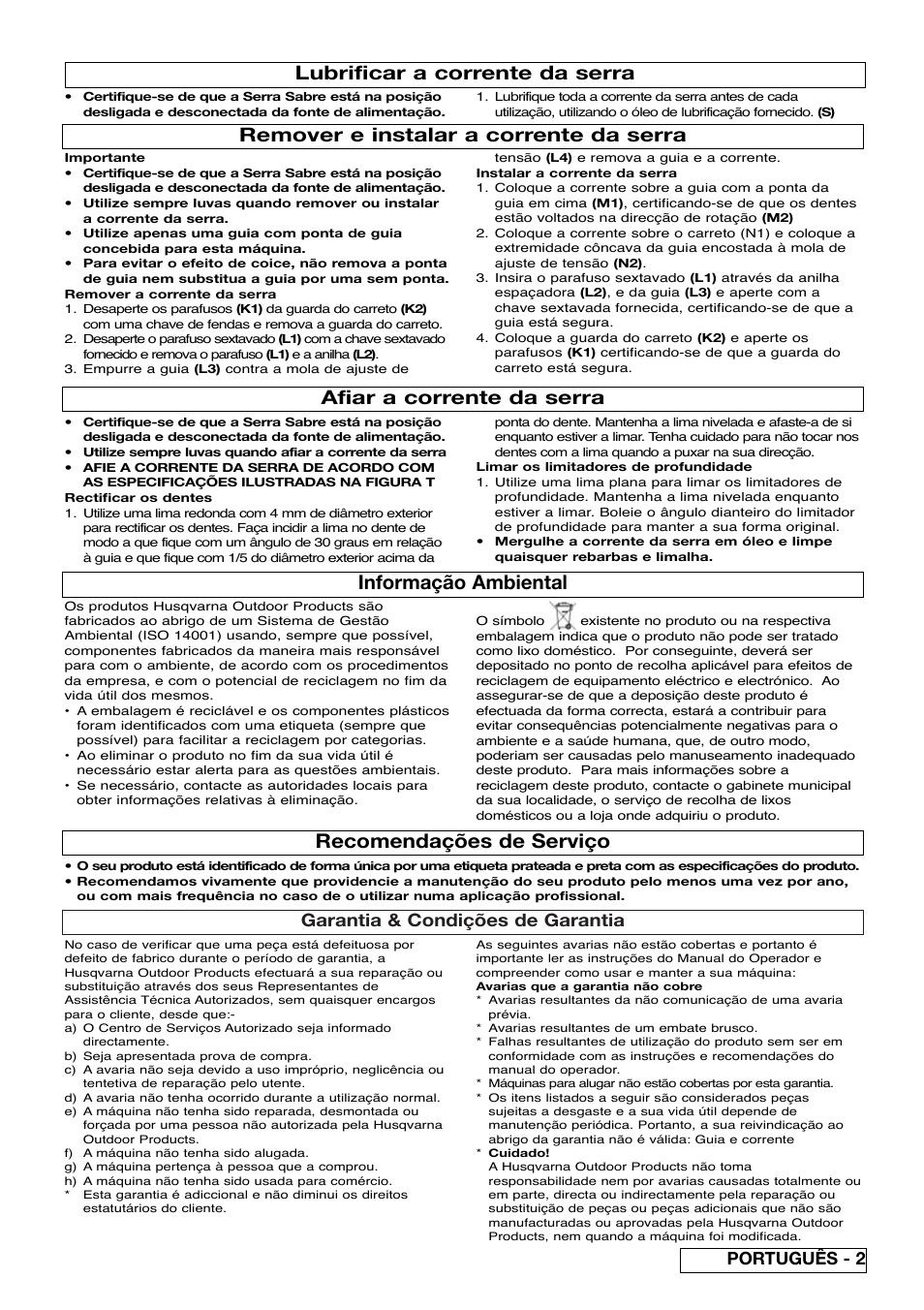 Informação ambiental, Recomendações de serviço, Lubrificar a corrente da serra | Afiar a corrente da serra, Remover e instalar a corrente da serra, Garantia & condições de garantia, Português - 2 | Flymo Sabre Saw User Manual | Page 23 / 40