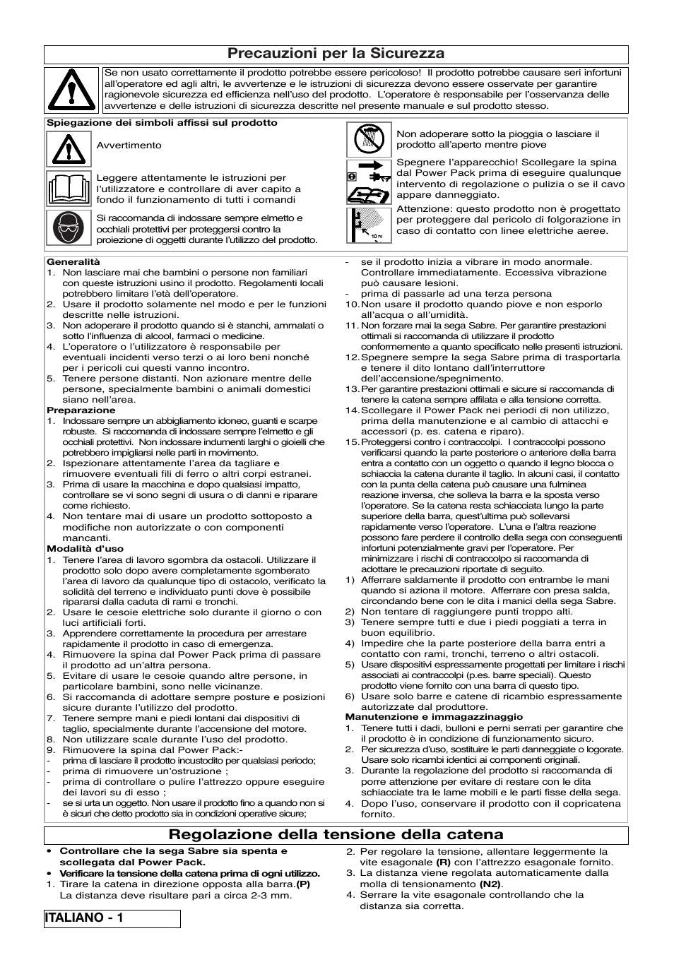 Precauzioni per la sicurezza, Regolazione della tensione della catena, Italiano - 1 | Flymo Sabre Saw User Manual | Page 24 / 40